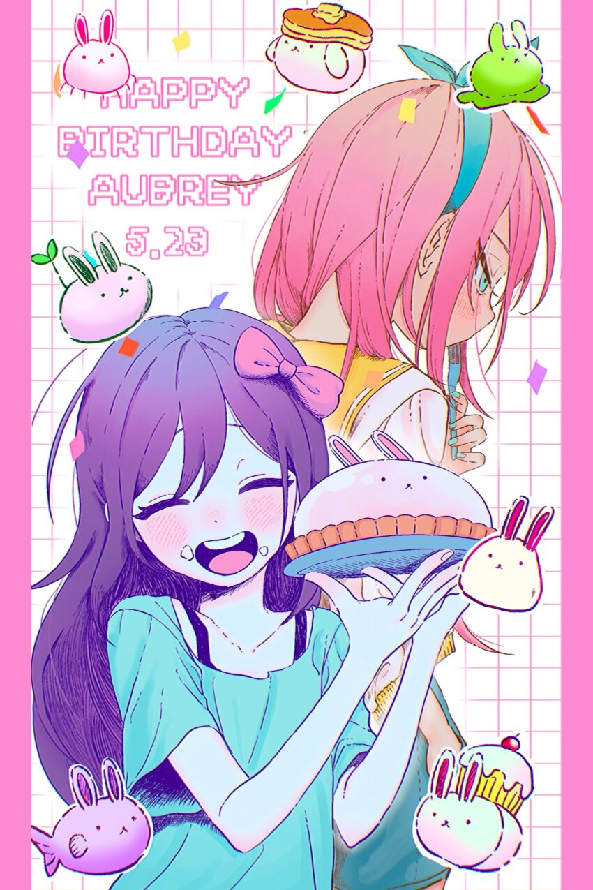 2girls absurdres aubrey_(faraway)_(omori) aubrey_(headspace)_(omori) aubrey_(omori) blue_eyes blue_shirt blue_skirt blush bow bug_bunny_(omori) closed_eyes collarbone colored_skin cupcake_bunny_(omori) denim denim_skirt fish_bunny_(omori) forest_bunny_(omori) fork hair_bow hairband highres holding holding_fork jacket long_hair multiple_girls omori open_mouth pancake_bunny_(omori) pink_bow pink_hair purple_hair shirt short_sleeves skirt slime_bunny_(omori) smile sprout_bunny_(omori) tate_ware_anal teeth upper_teeth_only white_jacket white_skin