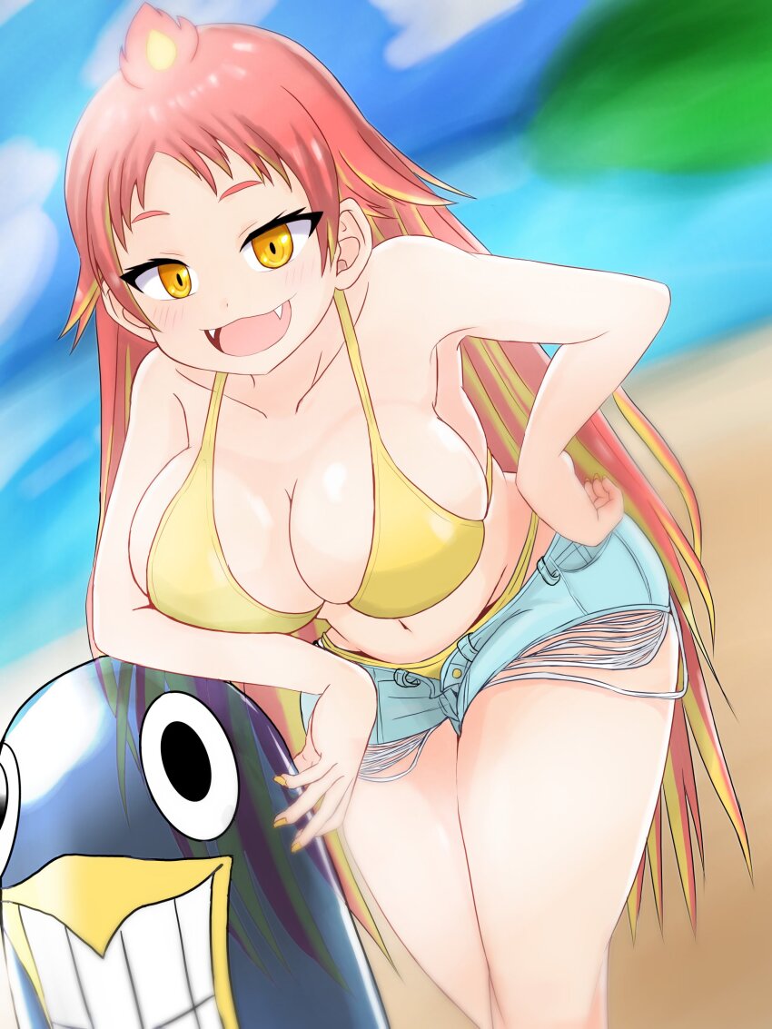 1girl 20s absurdres bare_arms bare_shoulders beach bikini blurry bra breasts cleavage cloudy collarbone colored_tips eyelashes gyari_(bird) hand_on_own_hip highres hikasa_tomoshika himukai_ryumaru inflatable_toy large_breasts leaning_on_object looking_at_viewer loose_pants loose_shorts multicolored_hair nail_polish ocean panties raised_eyebrows red_hair short_shorts shorts smile swimsuit two-tone_hair unbuttoned underwear virtual_youtuber voms wide_hips yellow_bra yellow_eyes yellow_nails yellow_panties