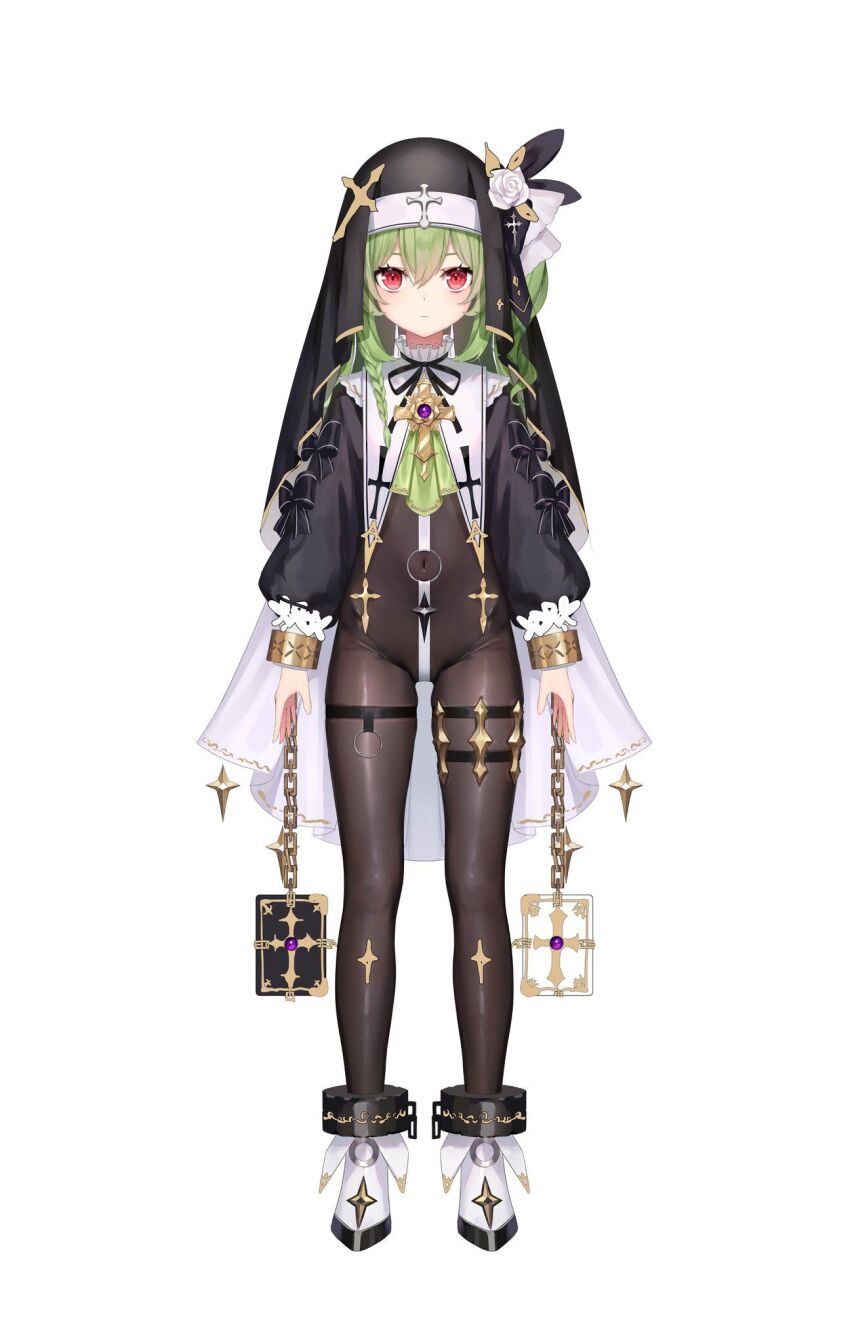 1girl arms_at_sides artist_request belt black_ribbon blush bodystocking book boots braid breasts cape chain closed_mouth commission cross cross_ornament cuffs fang flower full_body green_hair hair_between_eyes highres huanxiang_koudai_meow long_hair long_sleeves looking_at_viewer nun o-ring o-ring_belt original puffy_long_sleeves puffy_sleeves red_eyes ribbon second-party_source shackles simple_background solo star_ornament tachi-e thigh_strap veil white_background white_boots white_cape white_flower