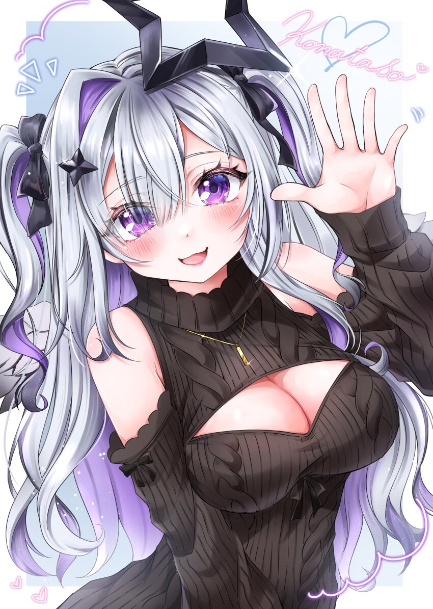 1girl absurdres amane_konata black_ribbon black_sweater blush breasts cleavage cleavage_cutout clothing_cutout colored_inner_hair diamond_hair_ornament grey_hair hair_ribbon halo heart highres hololive large_breasts long_hair looking_at_viewer meme_attire multicolored_hair purple_eyes purple_hair ribbon rin5325 smile solo star_halo streaked_hair sweater turtleneck turtleneck_sweater twintails very_long_hair virgin_killer_sweater virtual_youtuber