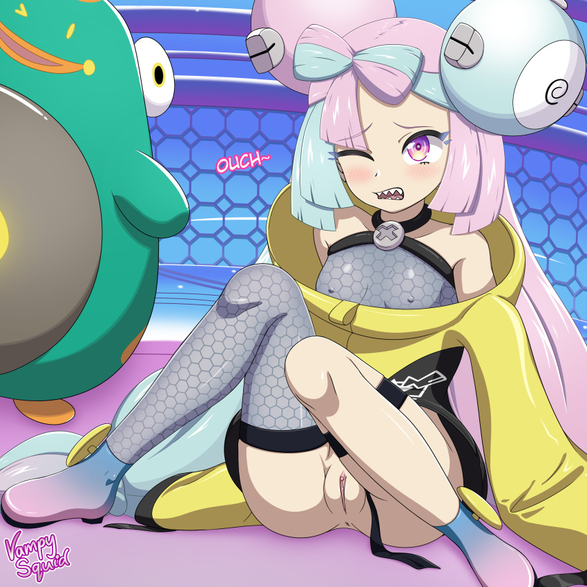 absurdres accidental_exposure bellibolt blue_hair bow clenched_teeth coat electric fell_down female_focus gen_1_pokemon gen_9_pokemon gym_leader hair_bow hair_ornament hairclip highres iono_(pokemon) jacket leggings livestream long_hair long_sleeves magnemite multicolored_hair nintendo nipples on_floor on_ground on_the_ground oversized_clothes pink_eyes pink_hair pokemon pokemon_sv pussy pussy_juice pussy_juice_drip sex_toy sharp_teeth shoes stream streamer teeth twintails vampy_squid