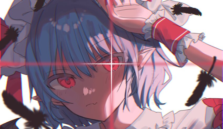 1girl amatukimahoro black_feathers blue_hair blurry blush bow chromatic_aberration close-up closed_mouth expressionless fang feathers frilled_cuffs frilled_shirt_collar frills hand_up hashtag-only_commentary hat highres looking_at_viewer mob_cap pointy_ears puffy_sleeves red_bow red_eyes remilia_scarlet short_hair simple_background skin_fang social_media_composition solo sparkle sparkling_eyes touhou twitter_username white_background white_hat wrist_cuffs