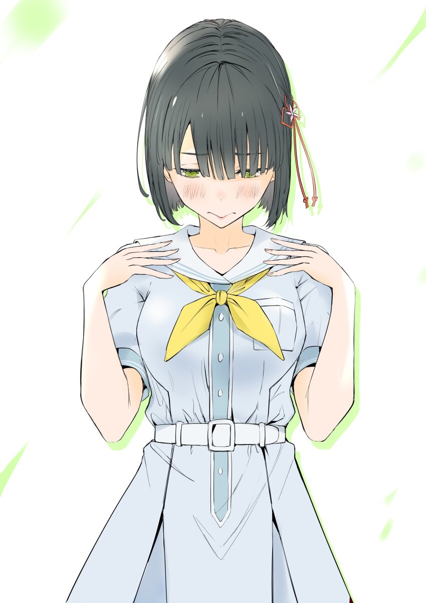 1girl 3: absurdres black_hair blunt_bangs blunt_ends blush breasts closed_mouth collarbone commentary cowboy_shot dress drop_shadow flower flower_knot green_eyes hair_flower hair_ornament hair_over_one_eye half-closed_eyes hands_on_own_shoulders hasu_no_sora_school_uniform head_down highres link!_like!_love_live! looking_down love_live! medium_breasts momose_ginko neckerchief pleated_dress sailor_collar sailor_dress school_uniform short_hair short_sleeves solo summer_uniform tommer virtual_youtuber white_background white_dress white_sailor_collar yellow_neckerchief