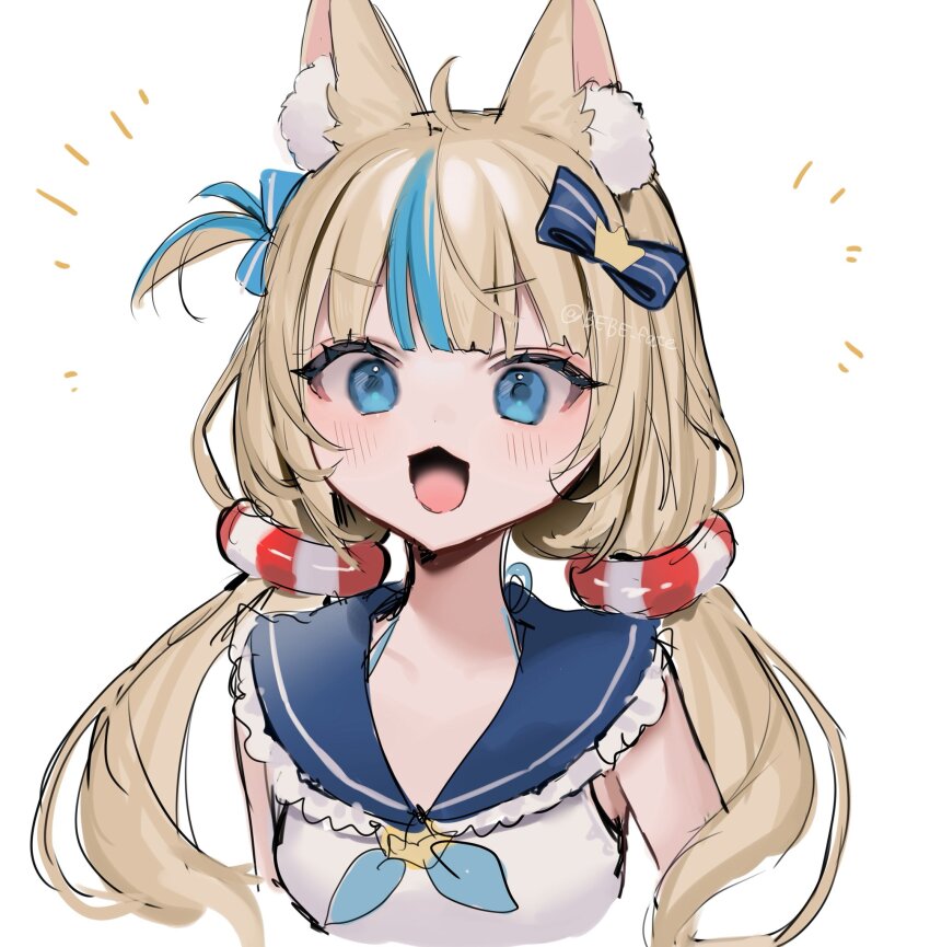 1girl :3 ahoge animal_ear_fluff animal_ears bebe_(bebe_pp) blonde_hair blue_eyes blue_hair blue_sailor_collar bow cat_ears collar commentary cropped_torso hair_bow highres indie_virtual_youtuber lifebuoy_hair_ornament long_hair low_twintails multicolored_hair one_side_up open_mouth sailor_collar sameko_saba simple_background sleeveless smile solo streaked_hair twintails virtual_youtuber white_background