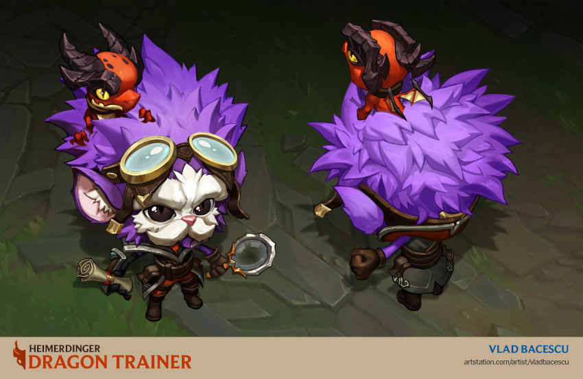 1boy animal animal_on_head artist_name black_eyes brown_gloves character_name dragon dragon_trainer_heimerdinger full_body gloves goggles goggles_on_head heimerdinger highres holding holding_scroll horns league_of_legends looking_at_viewer magnifying_glass multiple_views official_alternate_costume on_head pink_hair scroll standing vladbacescu watermark web_address wings yordle