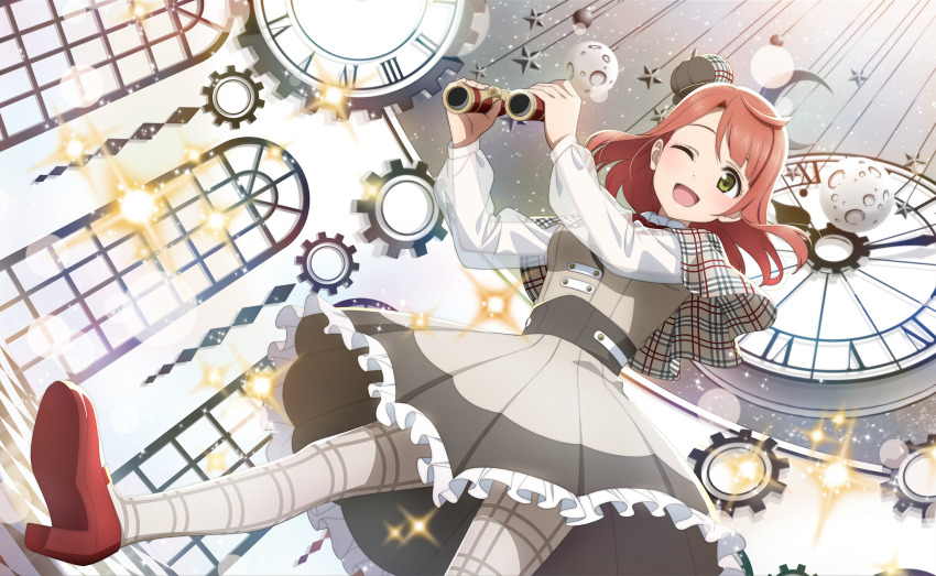 1girl ;d analog_clock arched_window ball binoculars blunt_bangs blush bow brown_dress cloak clock collar collared_dress dress dutch_angle frilled_collar frilled_dress frills from_below gears grey_dress grey_pantyhose hat high_heels highres holding holding_binoculars indoors lens_flare light_particles long_sleeves looking_at_viewer love_live! love_live!_nijigasaki_high_school_idol_club love_live!_school_idol_festival_2 medium_hair mini_hat neck_ribbon official_art one_eye_closed open_mouth pantyhose pink_hair plaid_cloak plaid_clothes red_footwear red_ribbon ribbon roman_numeral see-through_clothes see-through_sleeves shoe_soles smile solo sparkle standing swept_bangs tilted_headwear two-tone_dress uehara_ayumu walking_dream window