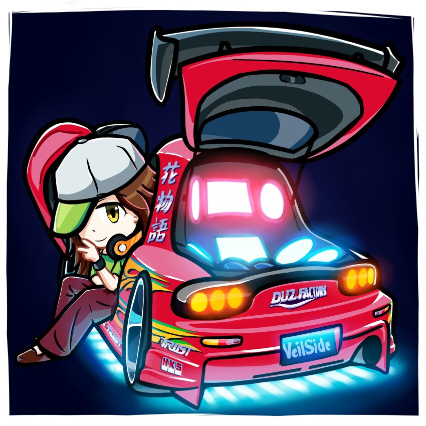 1girl absurdres brown_eyes brown_footwear brown_hair car commentary duz english_commentary gaen_izuko glowing grey_headwear hat headphones headphones_around_neck highres hks long_hair looking_at_viewer mazda mazda_rx-7 mazda_rx-7_fd monogatari_(series) motor_vehicle pants r-tuned:_ultimate_street_racing red_pants scissor_doors shoes sitting smile sports_car v vehicle_focus veilside wristband