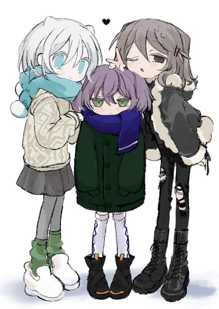 3girls :o agoshi_sakina alternate_costume aran_sweater black_boots black_pants black_shoes blue_eyes blue_scarf boots brown_eyes cable_knit closed_mouth combat_boots full_body green_eyes green_socks grey_hair grey_jacket hair_horns hand_on_another&#039;s_head hands_in_pockets heart height_difference highres hitonatz hood hooded_jacket jacket long_hair looking_at_viewer loose_socks multiple_girls null-meta one_eye_closed open_clothes open_jacket open_mouth pants pantyhose purple_hair scarf shinohara_kogome shoes short_hair short_twintails simple_background smile socks standing sweater takada_shiyuki thighhighs torn_clothes torn_pants twintails v white_background white_hair white_shoes white_sweater white_thighhighs winter_clothes