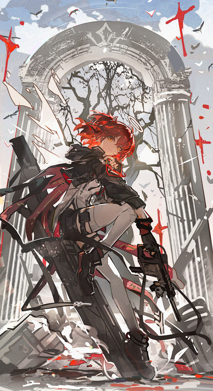 1girl absurdres arknights black_boots black_gloves black_jacket black_shorts boots closed_mouth exusiai_(arknights) exusiai_the_new_covenant_(arknights) fingerless_gloves floating_hair gloves gun halo highres holding holding_gun holding_weapon jacket long_sleeves looking_at_viewer medium_hair mento open_clothes open_jacket red_hair shirt shorts smile solo thighhighs weapon white_shirt white_thighhighs
