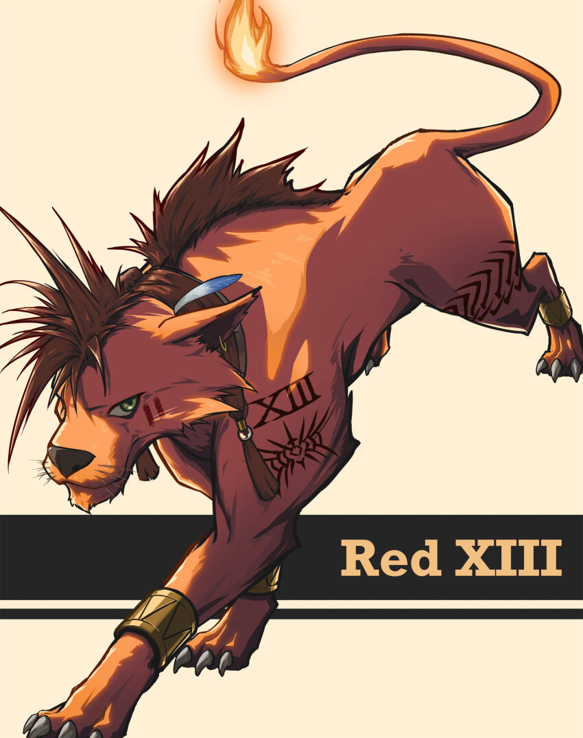 1boy animal_ears animal_nose bangle bl4ck_choco bracelet character_name claws collar commentary_request earrings facial_mark feather_hair_ornament feathers fiery_tail final_fantasy final_fantasy_vii final_fantasy_vii_remake hair_ornament highres jewelry leg_markings looking_at_viewer mane red_fur red_hair red_xiii roman_numeral tail