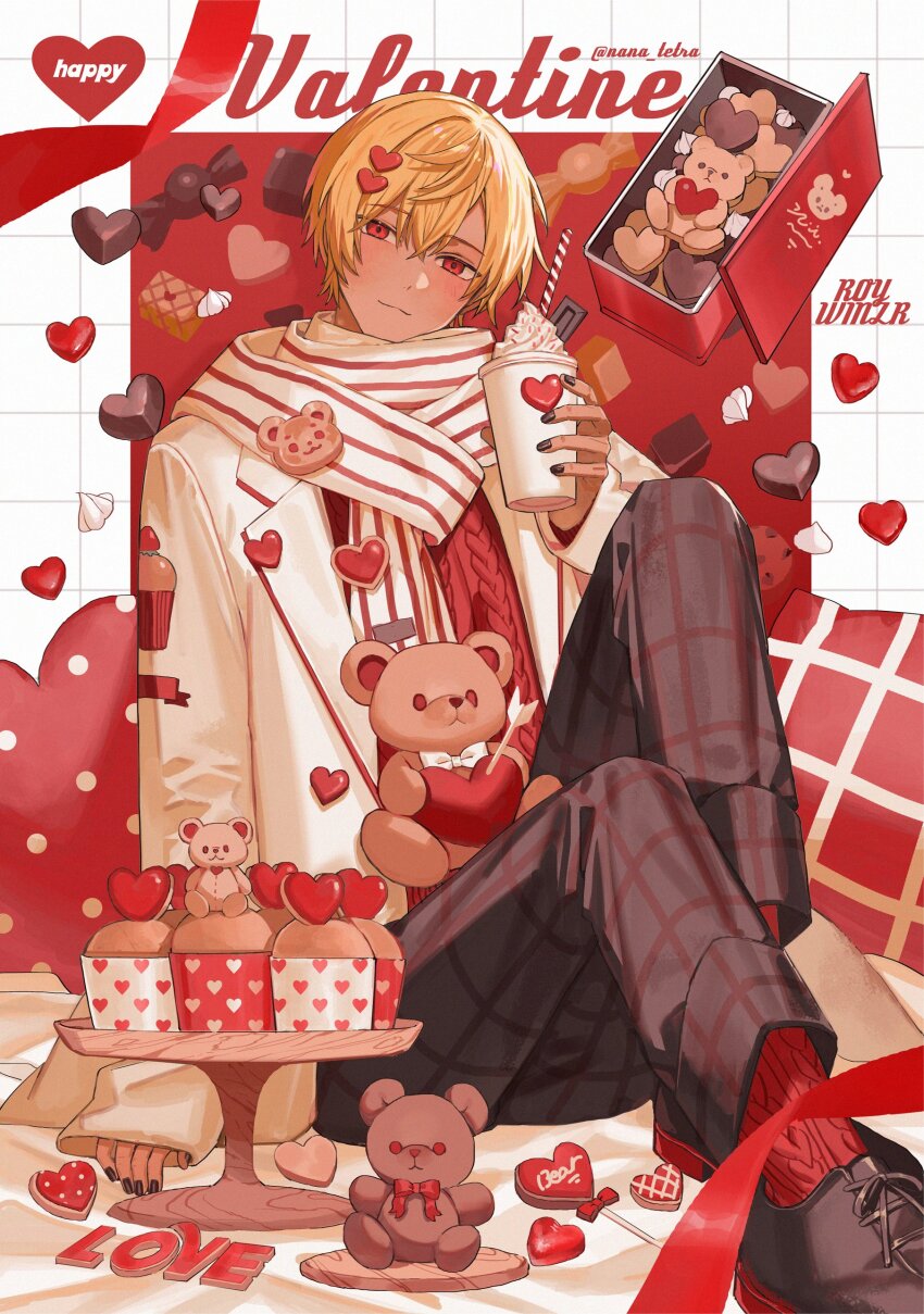 1boy absurdres black_nails black_shoes blonde_hair border butler_(nana_tetra) candy checkered_clothes checkered_pants chocolate chocolate_heart closed_mouth coat commentary cup dark-skinned_male dark_skin disposable_cup dot_nose food full_body grey_pants hair_between_eyes hair_ornament happy_valentine heart heart-shaped_food heart_hair_ornament highres holding holding_cup knees_up light_smile looking_at_viewer male_focus nana_tetra open_clothes open_coat original pants red_background red_eyes red_socks red_sweater scarf shoes short_hair sitting socks solo stuffed_animal stuffed_toy sweater teddy_bear teddy_bear_ornament twitter_username valentine white_border white_coat white_scarf