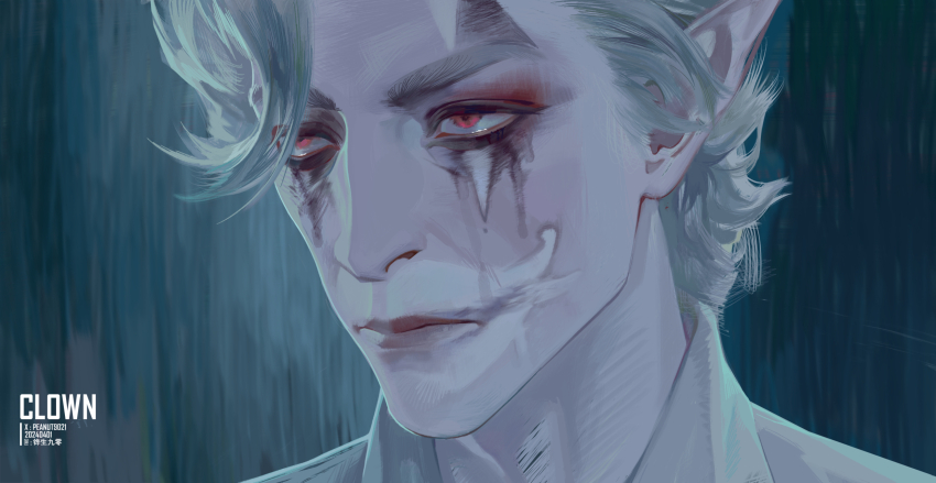 1boy artist_name astarion baldur&#039;s_gate baldur&#039;s_gate_3 closed_mouth collared_shirt dated dungeons_&amp;_dragons dungeons_&amp;_dragons highres makeup male_focus pale_skin parted_bangs peanut9021 pointy_ears red_eyes runny_makeup shirt short_hair solo swept_bangs upper_body vampire white_hair white_shirt