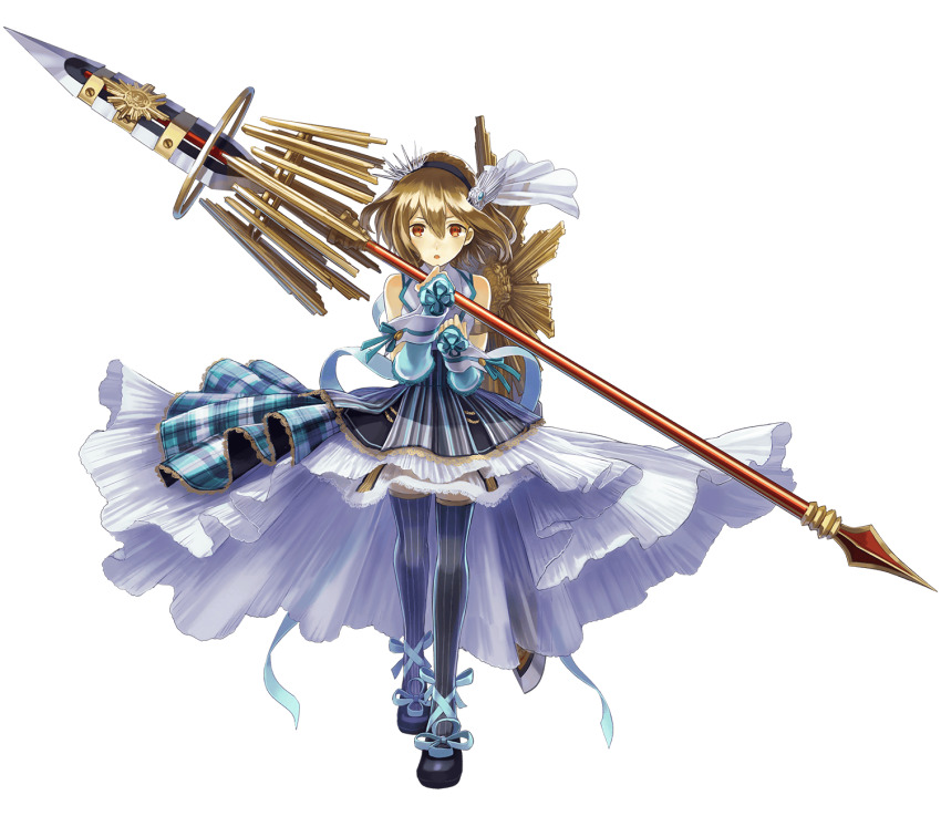 1girl :o aqua_ribbon bare_shoulders black_hairband detached_sleeves full_body hair_between_eyes hair_ornament hairband high-low_skirt highres holding holding_polearm holding_weapon light_brown_hair longinus_(phantom_of_the_kill) looking_at_viewer official_alternate_costume official_art orange_eyes phantom_of_the_kill polearm ribbon simple_background solo spear transparent_background watarubou weapon