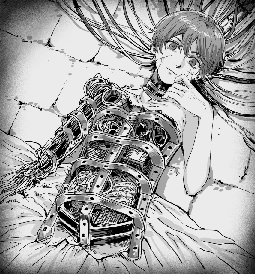 bishounen cable ciel_phantomhive&#039;s_brother closed_mouth earrings ena33333333 eyelashes greyscale highres jewelry kuroshitsuji lying male_focus monochrome on_back short_hair solo