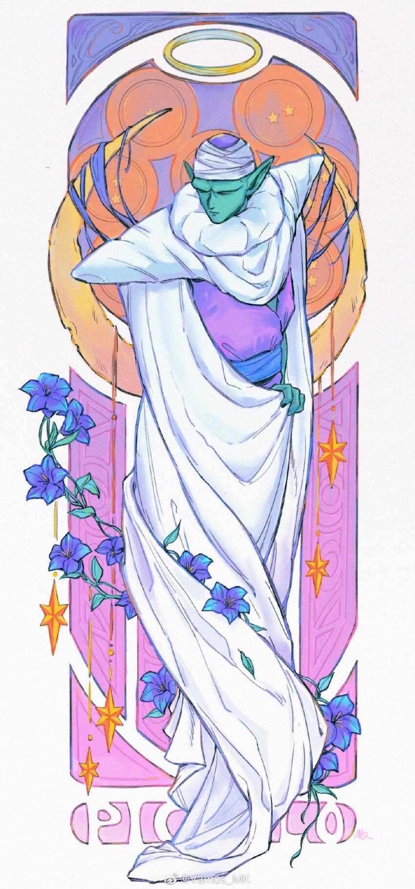 1boy art_nouveau border cape closed_eyes closed_mouth colored_skin dragon_ball dragon_ball_(object) full_body green_skin halo highres long_sleeves male_focus piccolo pointy_ears traditional_halo turban vamos_mk very_long_cape white_border white_cape