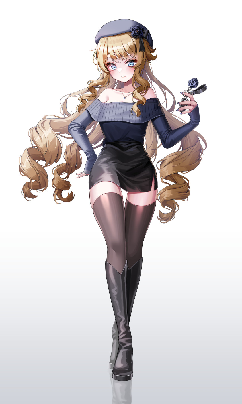 1girl absurdres alternate_costume bare_shoulders beanie beret black_footwear black_hat black_thighhighs blonde_hair blue_hair car_keys charm_(object) collarbone crossed_legs drill_hair drill_sidelocks flower full_body genshin_impact gradient_background grey_background hand_on_own_hip hand_up hat hat_flower high-waist_skirt highres long_hair long_sleeves looking_at_viewer navia_(genshin_impact) nq_(nnq_q) off-shoulder_sweater off_shoulder pencil_skirt sidelocks skirt sleeves_past_wrists smile solo sweater thighhighs watson_cross