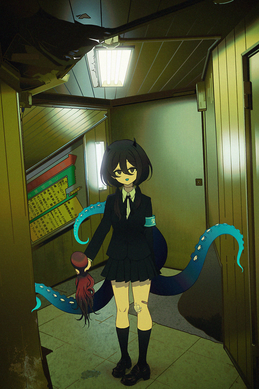 1girl animal bandaid bandaid_on_leg black_eyes black_hair black_jacket black_shoes black_skirt black_socks bloom blue_tongue ceiling_light colored_tongue commentary fluorescent_lamp full_body gauze_on_knee hair_between_eyes hair_over_shoulder highres holding holding_animal horns indie_virtual_youtuber indoors jacket kneehighs loafers long_sleeves looking_at_viewer low_twintails nkymyura octopus open_mouth pleated_skirt school_uniform shirt shoes skirt smile socks solo standing stitched_mouth stitches subway_station tentacle_tail tentacles twintails virtual_youtuber white_shirt yamata_ia