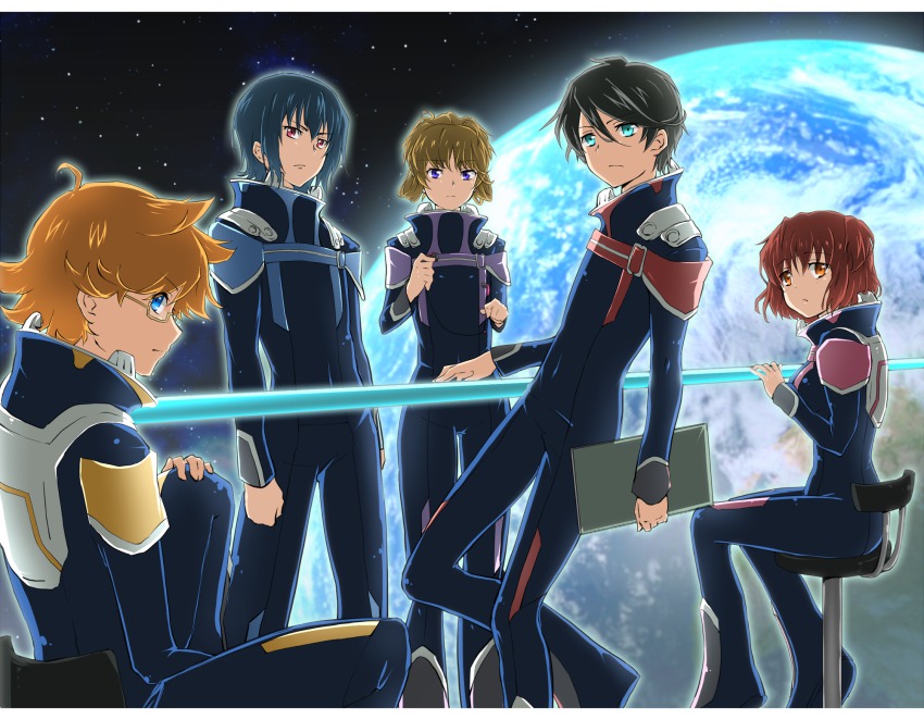 10s 2girls 3boys asagi_toshikazu banchii black_hair blue_hair bodysuit brown_eyes brown_hair earth_(planet) glasses highres hitachi_izuru irie_tamaki kugimiya_kei majestic_prince multiple_boys multiple_girls planet purple_eyes red_eyes short_hair sketchbook space suruga_ataru
