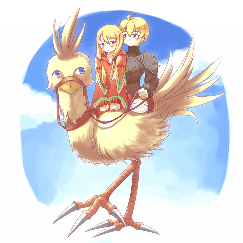 1boy 1girl armor blonde_hair blue_eyes blush brown_eyes chocobo final_fantasy final_fantasy_tactics geomancer geomancer_(fft) gloves kohakunisundeiru long_hair ramza_beoulve riding short_hair