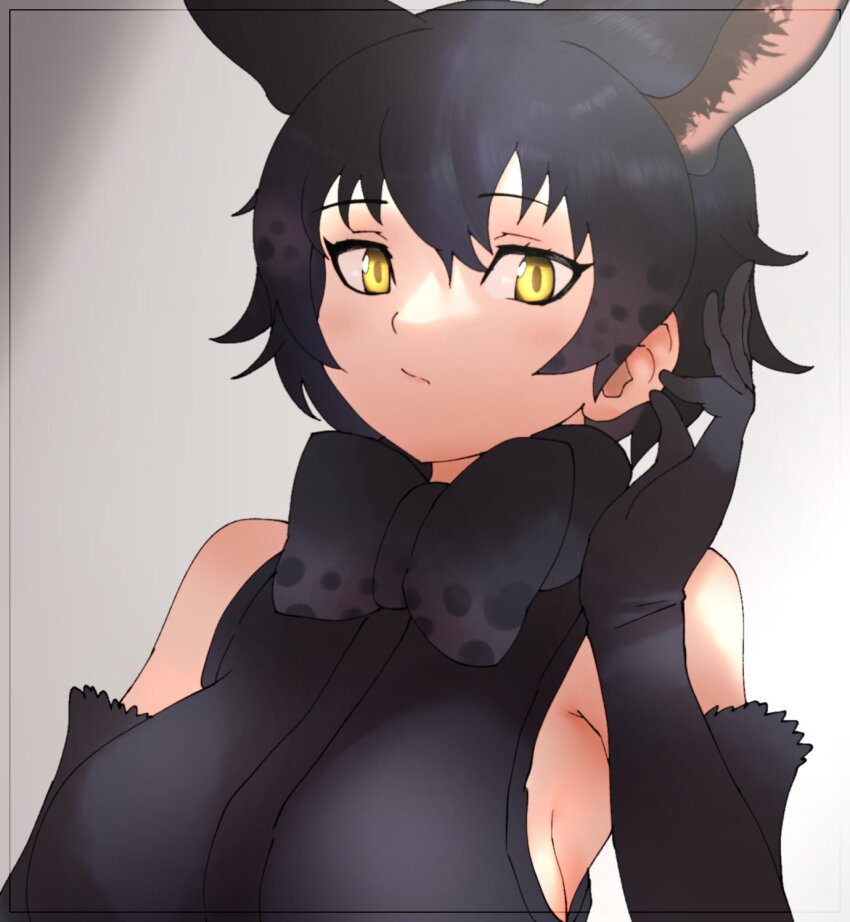 1girl animal_ears bare_shoulders black_bow black_bowtie black_gloves black_hair black_serval_(kemono_friends) black_shirt bow bowtie cat_ears cat_girl cats_yone elbow_gloves extra_ears gloves grey_background highres kemono_friends kemono_friends_3 looking_at_viewer shirt short_hair simple_background sleeveless sleeveless_shirt solo upper_body yellow_eyes