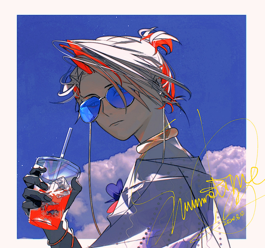 1boy adeuce bishounen blue-tinted_eyewear blue_background blue_eyes blue_sky border choker cloud cup dated fate/grand_order fate_(series) holding holding_cup jewelry karna_(fate) karna_(summer_outfit)_(fate) looking_at_viewer male_focus official_alternate_costume ponytail shirt short_hair sky solo sunglasses tinted_eyewear upper_body white_border white_hair white_shirt