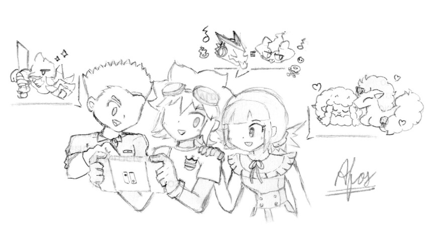 character_request digimon digimon_xros_wars digimon_xros_wars:_toki_wo_kakeru_shounen_hunter-tachi galarian_form galarian_ponyta gen_8_pokemon hair_ornament hairclip highres hinomoto_akari kudou_taiki long_hair nintendo orange_eyes pokemon red_hair shoutmon sirfetch&#039;d toxel tsurugi_zenjirou twintails wooloo