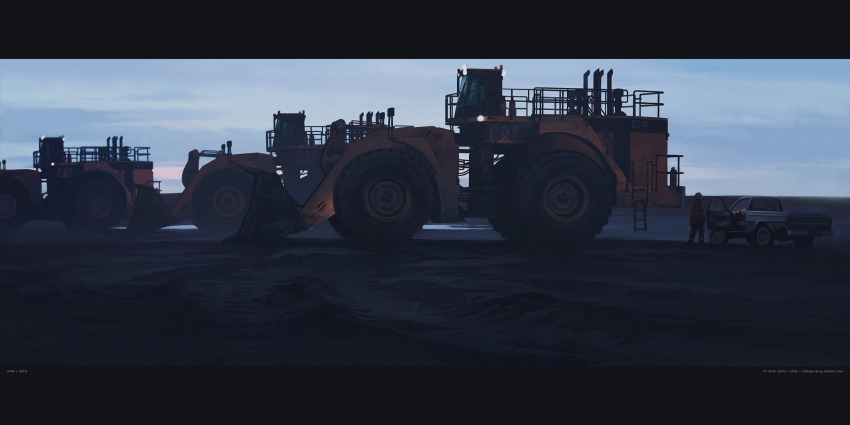 1boy artist_name astg black_border blurry border bulldozer caterpillar_(company) construction construction_site construction_worker dark dusk fire_extinguisher helmet highres horizon letterboxed male_focus motor_vehicle original outdoors pickup_truck sand scenery size_difference sky solo truck vest watermark web_address