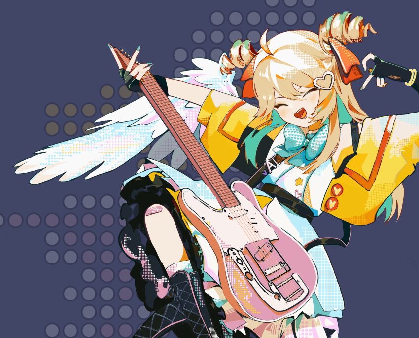 1girl ahoge aqua_bow aqua_bowtie bandaid bandaid_on_leg black_boots black_gloves blue_dress blue_nails boots bow bowtie brown_hair closed_eyes commentary dress drill_hair english_commentary fingerless_gloves foot_out_of_frame frilled_dress frills gloves guitar hair_between_eyes hair_ornament hair_ribbon heart heart_hair_ornament highres holding holding_guitar holding_instrument holding_microphone instrument jacket leg_up long_hair microphone nail_polish neuro-sama nostyx_x open_mouth red_ribbon ribbon sleeveless sleeveless_dress solo twin_drills two_side_up vedal_ai virtual_youtuber white_wings wings yellow_jacket