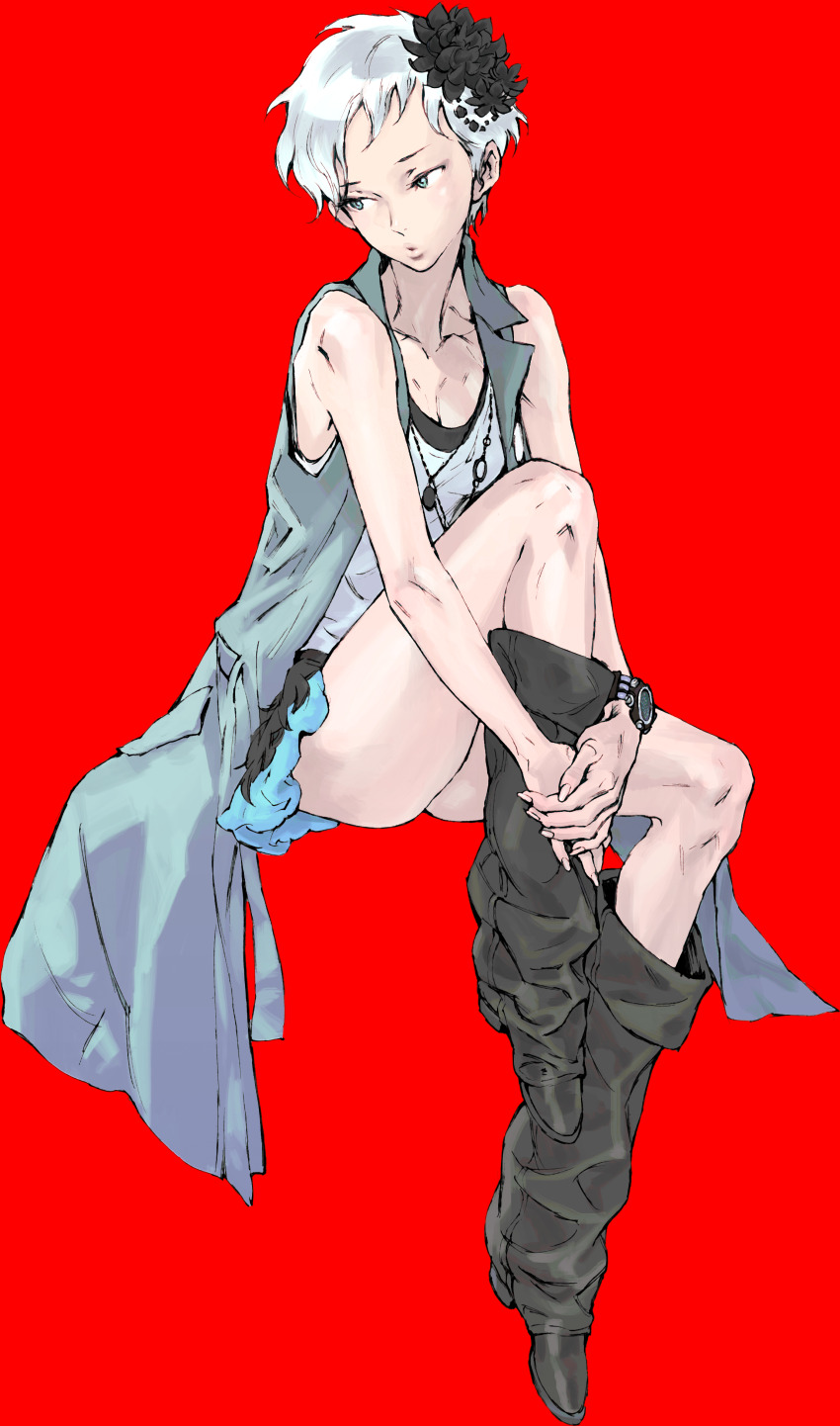 1girl absurdres archived_source breasts flower full_body hair_flower hair_ornament highres kyokugen_dasshutsu long_hair nishimura_kinu official_art own_hands_together phi_(kyokugen_dasshutsu) simple_background sleeveless small_breasts solo third-party_source transparent_background very_long_hair white_eyes white_hair