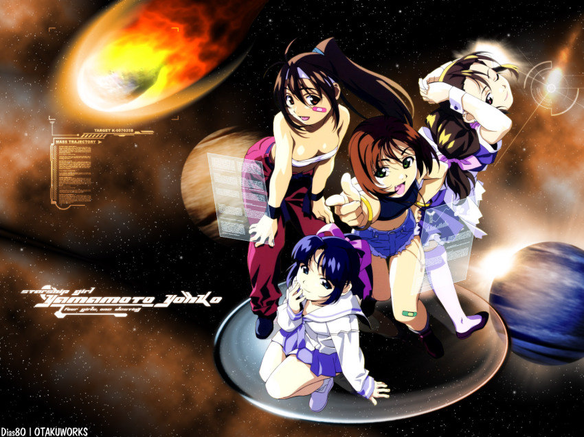 1990s_(style) 4girls bandaid black_hair blue_skirt blush breasts cityscape cleavage collarbone crescent destruction downblouse dress fire full_body hakuhouin_ayano head_tilt highres jacket kagariya_momiji long_sleeves looking_at_viewer meteor midou_madoka miniskirt multiple_girls pleated_skirt ponytail red_dress retro_artstyle skirt smoke soreyuke!_uchuu_senkan_yamamoto_youko standing watanabe_akio white_jacket wrist_cuffs yamamoto_youko