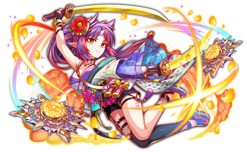 1girl animal_print aqua_nails artist_request asymmetrical_legwear bare_shoulders belt belt_buckle black_belt black_choker black_garter_straps black_shorts black_straps black_thighhighs bow bracelet breasts buckle butterfly_print cel_shading chain choker cleavage crash_fever dual_wielding eyelashes fingernails fishnet_thighhighs fishnets flower flower_ornament full_body game_cg garter_straps gold_bracelet gold_chain gold_necklace green_belt green_sash hair_flower hair_ornament half_updo holding holding_sword holding_weapon horns jewelry katana knees_together_feet_apart large_breasts light_frown looking_at_viewer mismatched_legwear multicolored_hair nail_polish necklace number_tattoo numbered obi obiage obidome obijime official_art onimaru_kunitsuna orange_flower orange_petals outline pointy_ears print_sleeves purple_hair red_flower red_hair red_outline sash sash_bow see-through_clothes see-through_sleeves sheath shirt short_shorts shorts sidelocks single_bare_leg single_horn single_thighhigh slashing solo square square_tattoo streaked_hair sword tachi-e tassel tattoo thighhighs third-party_source toes transparent_background unsheathed v-shaped_eyebrows weapon weapon_bag wedge_heels white_bag white_shirt white_sleeves wrist_straps yellow_bow yellow_eyes zipper
