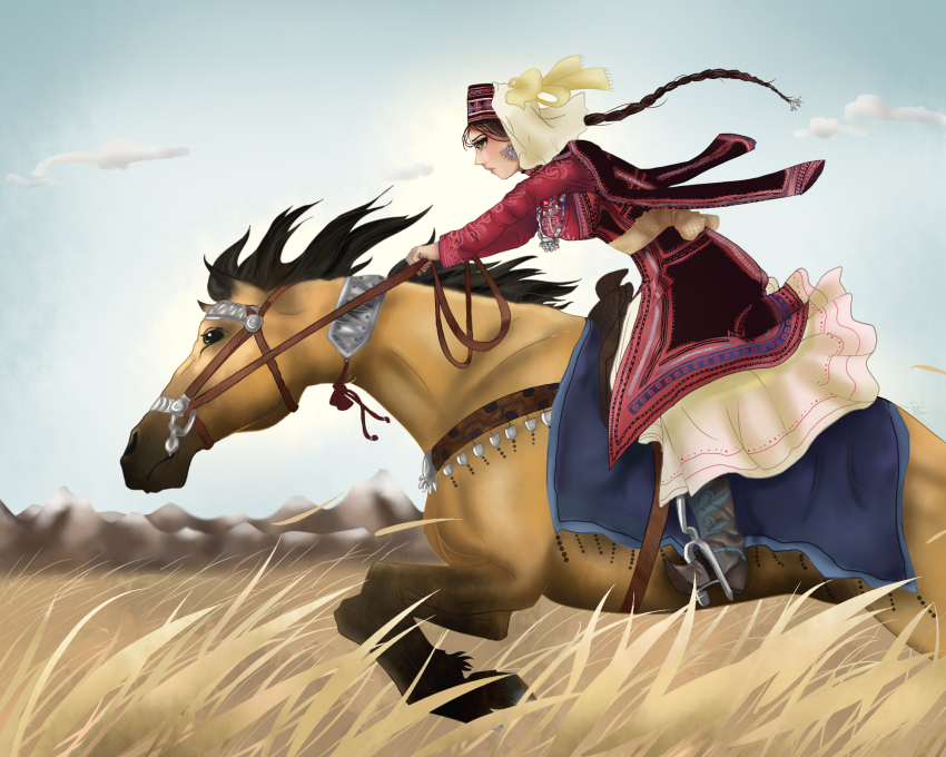 amir_halgal blue_sky boots braid braided_ponytail breasts brown_eyes brown_hair closed_mouth cloud cloudy_sky dress ear_piercing earrings grasslands highres holding horse horseback_riding ishicle jewelry kazakh_clothes kazakhstan lips long_hair looking_to_the_side medium_breasts mountain necklace otoyomegatari piercing ponytail red_dress riding saddle sky solo very_long_hair