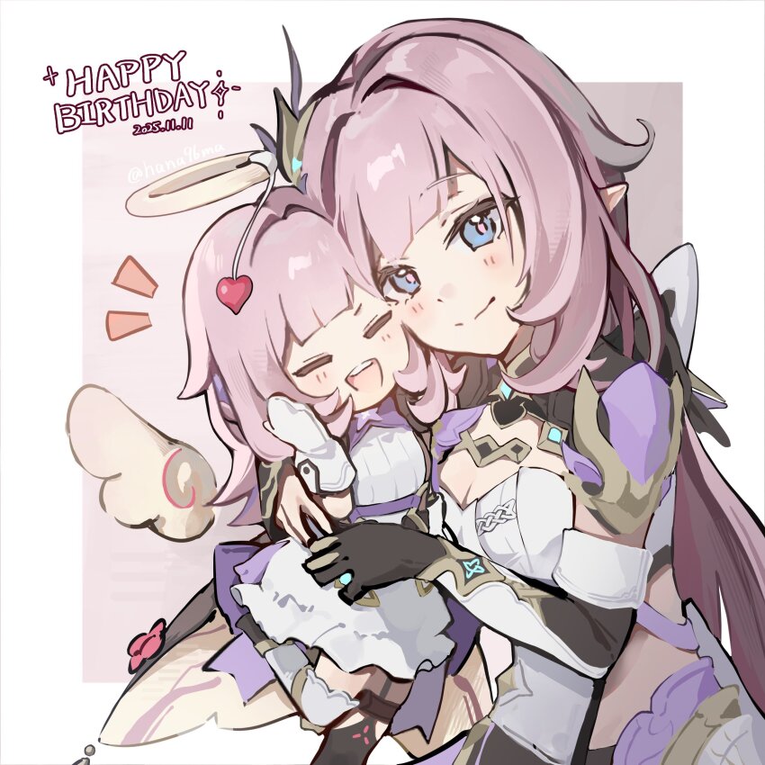 2girls absurdres angel_wings black_gloves black_shrug blue_eyes border breasts cleavage commentary corset dress elf elf_elysia elysia_(honkai_impact) elysia_(miss_pink_elf)_(honkai_impact) gloves halo hanaguruma_(hana96ma) happy_birthday highres honkai_(series) honkai_impact_3rd hug large_breasts long_hair looking_at_viewer multiple_girls pink_hair pointy_ears purple_background shrug_(clothing) single_glove smile symbol-only_commentary very_long_hair white_border white_corset white_dress white_gloves wings