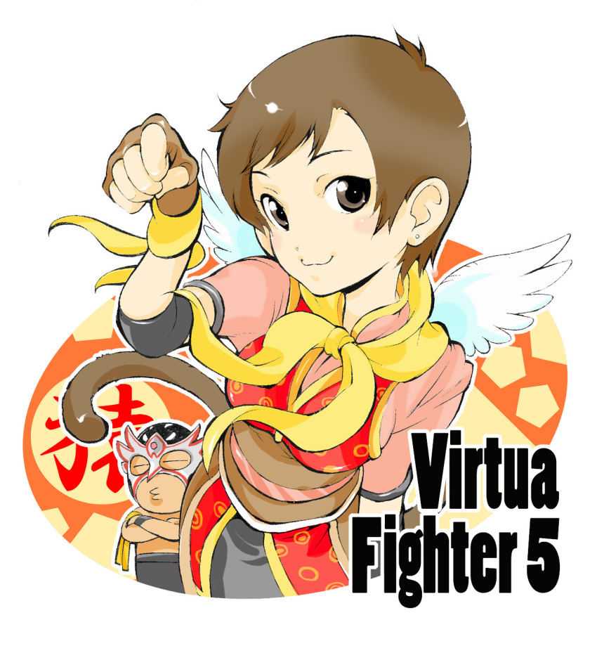 1boy 1girl armband blush breasts brown_eyes brown_hair chibi chibi_inset chinese_clothes crossed_arms eileen el_blaze elbow_pads fingerless_gloves gloves highres ichizen_(o_tori) looking_at_viewer luchador luchador_mask mask mexico mini_wings monkey_tail short_hair smile tail virtua_fighter virtua_fighter_5 wings wrestling_mask