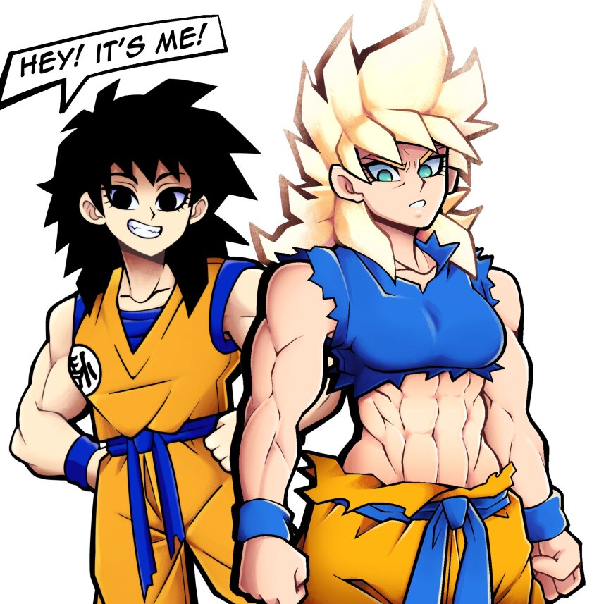 abs alternate_muscle_size black_eyes black_hair blonde_hair breasts clenched_hands commentary cosplay crop_top dougi dragon_ball dragon_ball_minus dragonball_z dual_persona english_text furrowed_brow gine green_eyes grin hands_on_own_hips highres kermittend medium_breasts muscular muscular_female navel pants serious shirt smile son_goku son_goku_(cosplay) super_saiyan super_saiyan_1 torn_clothes torn_pants torn_shirt wristband
