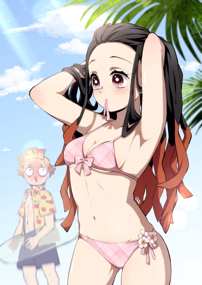1boy 1girl absurdres agatsuma_zenitsu bikini black_hair black_male_swimwear black_swim_trunks blonde_hair blood breasts cowboy_shot forehead gotouge_koyoharu_(style) highres innertube kamado_nezuko kimetsu_no_yaiba long_hair male_swimwear medium_breasts mouth_hold multicolored_hair nosebleed open_clothes open_shirt orange_hair pink_bikini pink_eyes pink_ribbon plaid_bikini plaid_clothes pori_(kmt_pori) ribbon shirt swim_ring swimsuit very_long_hair yellow_shirt