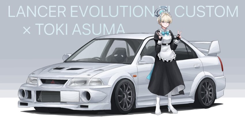apron belt black_belt black_dress black_gloves blonde_hair blue_archive blue_bow boots bow bun_cover car double_v dress fingerless_gloves full_body gloves hair_bun halo highres maid maid_headdress mitsubishi_lancer_evolution mitsubishi_motors motor_vehicle shadow single_hair_bun spoiler_(automobile) standing toki_(blue_archive) v vehicle_focus white_apron white_boots yuuki_(abekobenanda)
