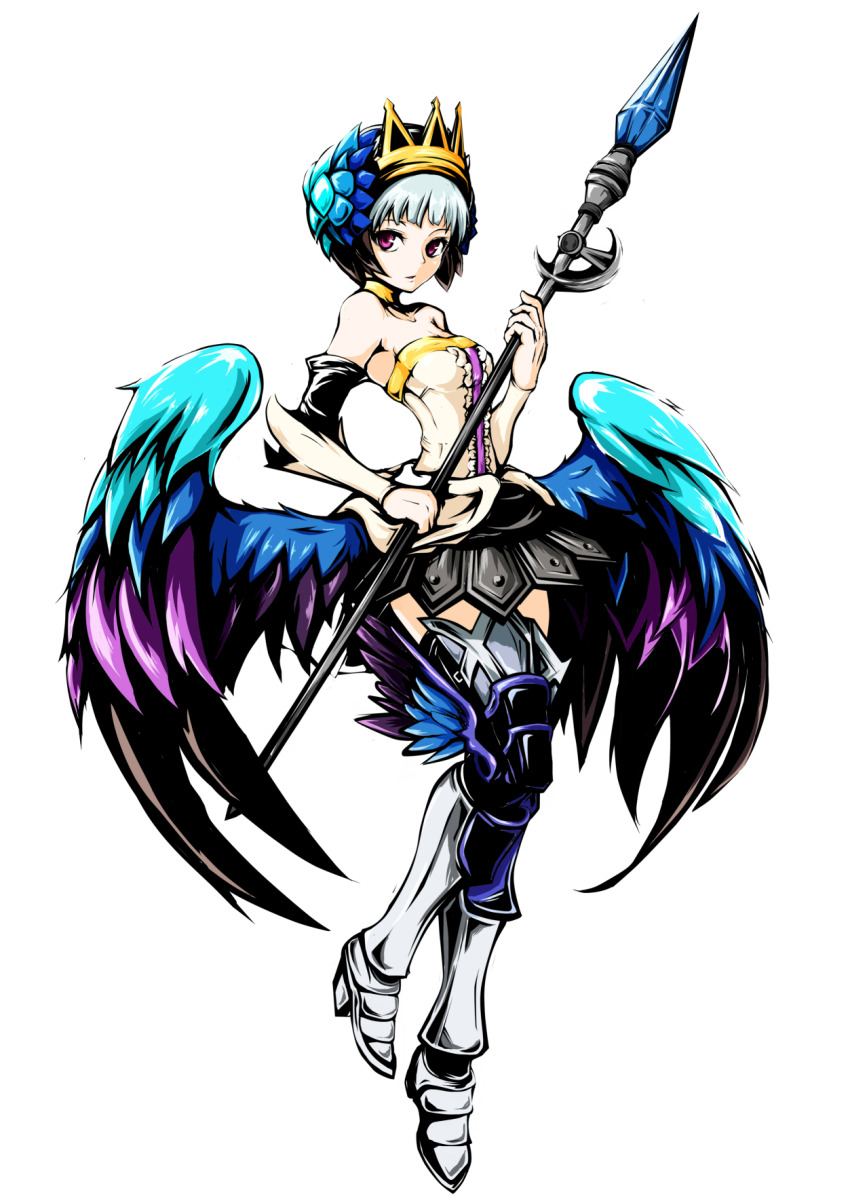 1girl armor armored_boots armored_dress bare_shoulders boots breasts commentary_request detached_sleeves dress expressionless feathered_wings full_body george_kamijou grey_hair gwendolyn_(odin_sphere) highres leg_wings looking_at_viewer low_wings odin_sphere polearm purple_eyes short_hair simple_background small_breasts solo spear strapless strapless_dress valkyrie weapon white_background wings