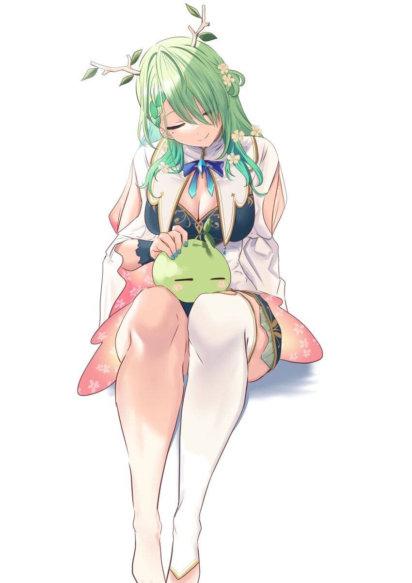 1girl absurdres anklet antlers black_gloves blob blue_dress blue_ribbon braid braided_bangs branch breasts ceres_fauna ceres_fauna_(1st_costume) cleavage closed_eyes closed_mouth creature dress flower frilled_skirt frills gloves green_hair green_nails hair_flower hair_ornament headpat highres hololive hololive_english horns jewelry knees_up large_breasts long_hair mole mole_under_eye multicolored_hair partially_fingerless_gloves redi_(rasec_asdjh) ribbon sapling sapling_(ceres_fauna) single_thighhigh sitting skirt smile solo sprout_on_head thighhighs virtual_youtuber white_dress white_thighhighs yellow_eyes