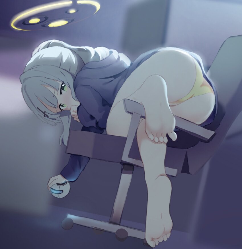1girl ass bare_legs barefoot blue_archive chair cross_hair_ornament drone feet from_behind green_eyes grey_hair hair_ornament halo hare_(blue_archive) hashtag-only_commentary highres hood hoodie legs medium_hair meng_yin no_pants office_chair panties pantyshot ponytail soles solo spread_toes swivel_chair thighs toes underwear yellow_panties