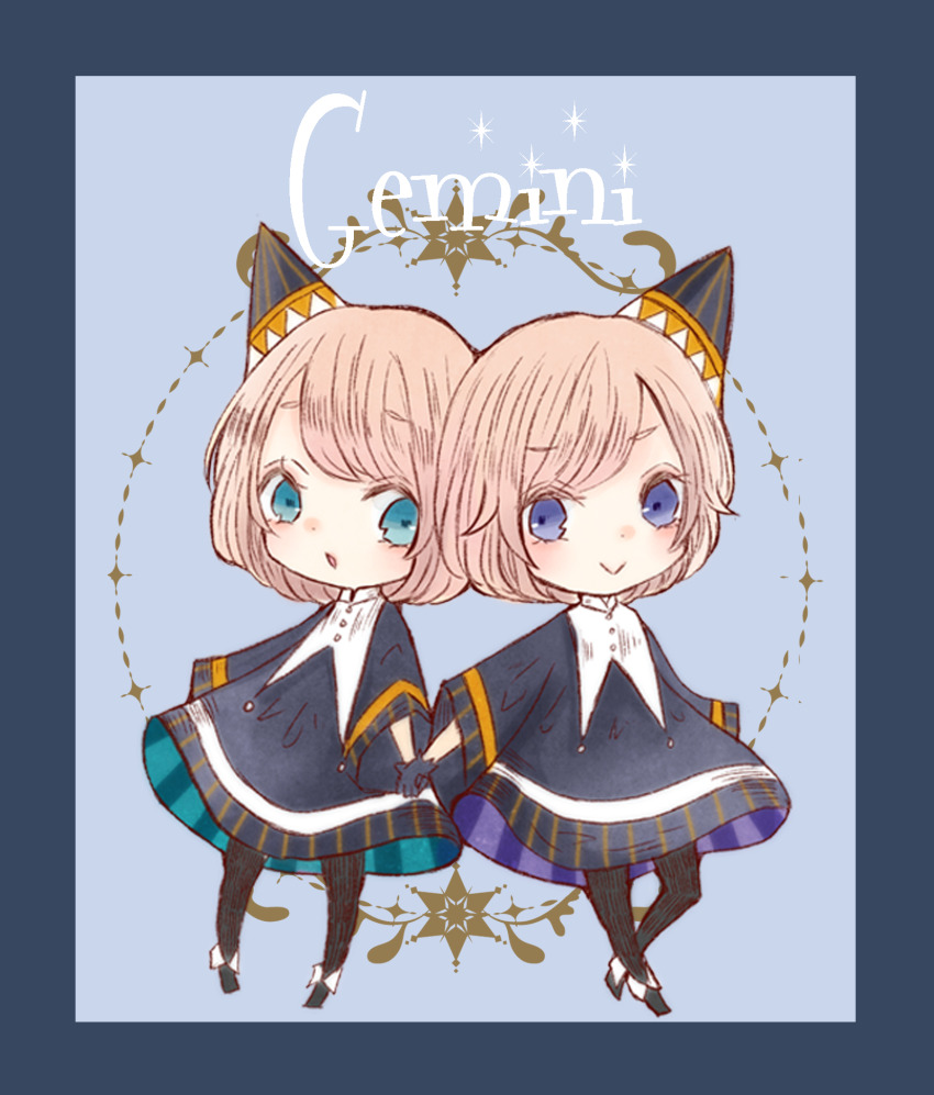 2girls black_footwear black_pantyhose blue_dress blue_eyes blue_gloves blue_hat cerika closed_mouth dress full_body gemini_(zodiac) gloves hat highres holding_hands looking_at_viewer multiple_girls open_mouth original pantyhose pink_hair short_hair siblings smile twins zodiac