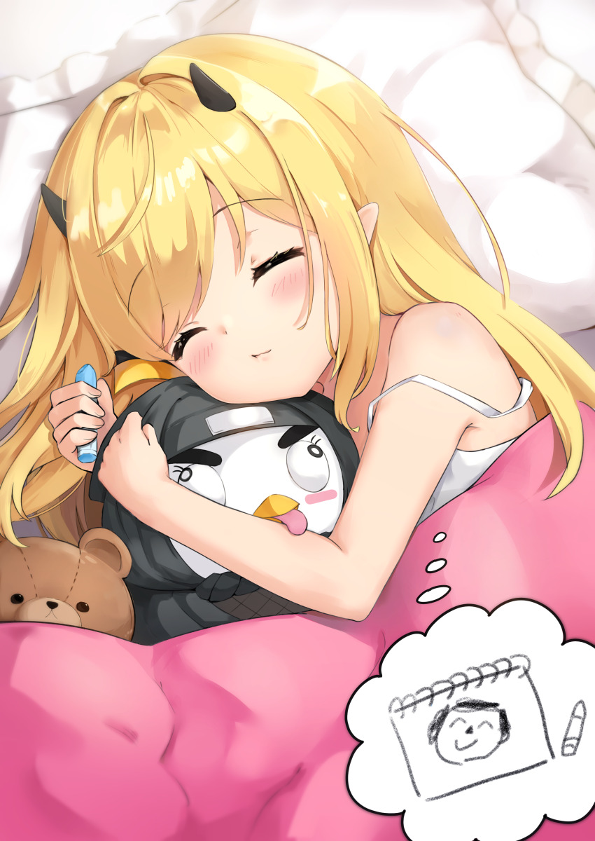 1girl absurdres bare_shoulders blonde_hair blue_archive crayon doodle_sensei_(blue_archive) dreaming hair_down highres horns ibuki_(blue_archive) koy_(4767269) on_bed sensei_(blue_archive) sleeping solo stuffed_animal stuffed_toy teddy_bear