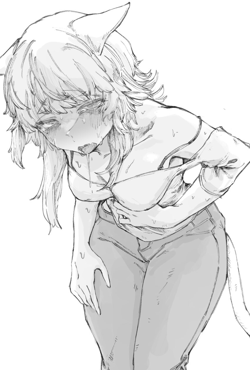 1girl bending bra_strap cat_girl cat_tail denim drooling fluffy_hair hand_on_own_stomach highres jeans monochrome open_mouth original pants shiro_iku shirt sick sweat tail tearing_up