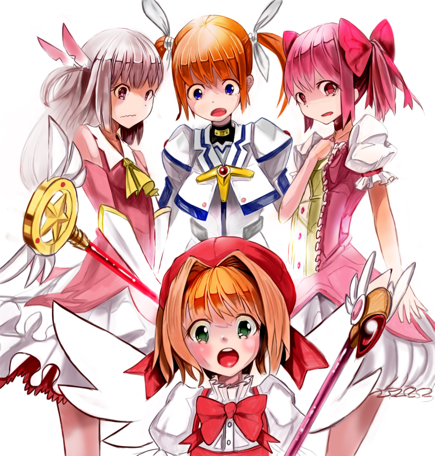 10s 1990s_(style) 4girls :o aiai_(hidetti) bad_id bad_pixiv_id blue_eyes blush bow brown_hair bubble_skirt cardcaptor_sakura choker commentary_request cropped_jacket crossover elbow_gloves fate/kaleid_liner_prisma_illya fate_(series) feather_hair_ornament feathers fuuin_no_tsue gloves green_eyes hair_ornament hair_ribbon hand_on_own_chest hat highres illyasviel_von_einzbern kaleidostick kaname_madoka kaname_madoka_(magical_girl) kinomoto_sakura kinomoto_sakura_(magician) looking_down lyrical_nanoha magical_girl magical_ruby mahou_shoujo_lyrical_nanoha mahou_shoujo_lyrical_nanoha_the_movie_1st mahou_shoujo_madoka_magica mahou_shoujo_madoka_magica_(anime) multiple_crossover multiple_girls no_gloves orange_hair pink_eyes pink_hair prisma_illya purple_eyes red_bow red_eyes red_hair retro_artstyle ribbon short_hair silver_hair skirt takamachi_nanoha takamachi_nanoha_(movie_1st_mode) trait_connection twintails wand wavy_mouth white_gloves wings