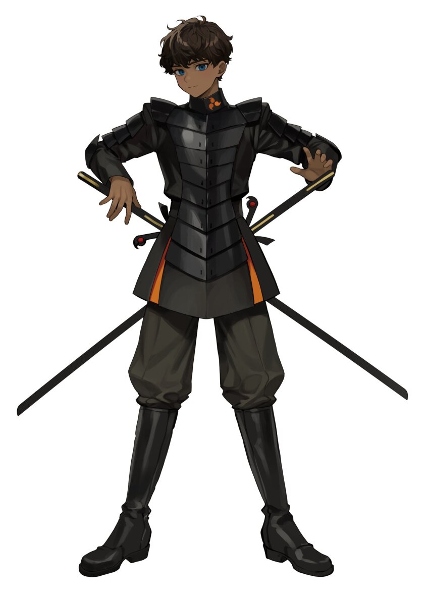 1boy armor black_boots black_hair black_pants blue_eyes boots curly_hair dark-skinned_male dark_skin dungeon_meshi full_body highres japanese_armor kabru katana knee_boots long_sleeves looking_at_viewer male_focus mayomayoland pants samurai short_hair simple_background solo standing sword weapon white_background