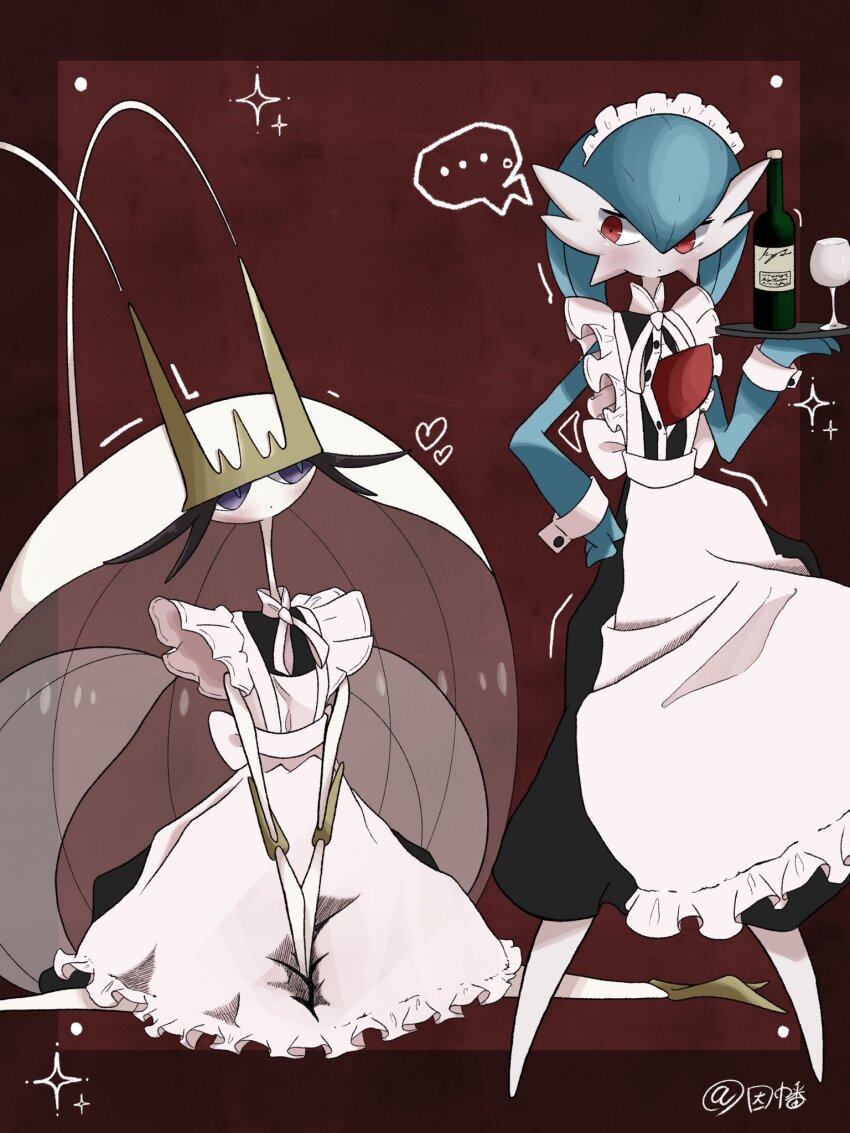 ... alternate_color antenna_hair apron artist_name blue_skin bottle colored_skin cup drinking_glass gardevoir gen_3_pokemon gen_7_pokemon hand_on_own_hip highres holding holding_tray inb795 maid maid_apron maid_headdress multicolored_skin nintendo pheromosa pokemon pokemon_(creature) purple_eyes red_eyes shiny_pokemon sparkle tray two-tone_skin ultra_beast white_apron white_skin wine_glass