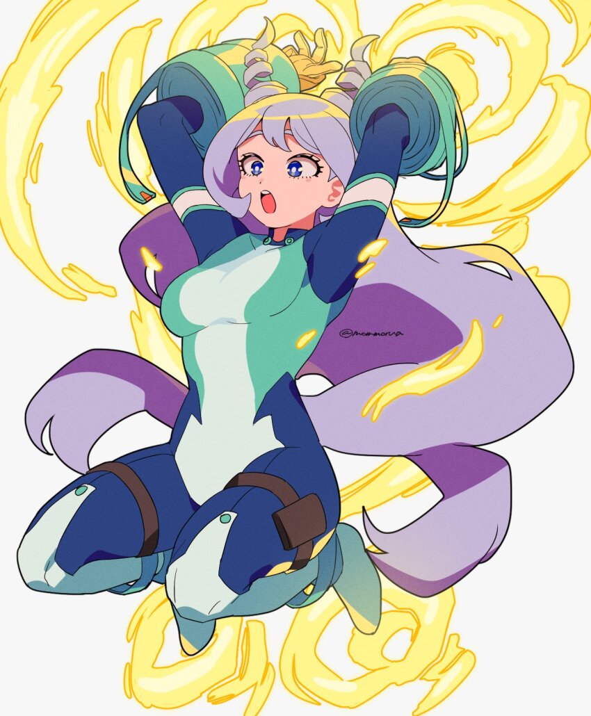 1girl :o arms_up blue_bodysuit blue_eyes blue_hair bodysuit boku_no_hero_academia drill_hair energy feet_up gloves green_bodysuit hado_nejire hair_horns highres light_blue_hair long_hair midair mommorua multicolored_bodysuit solo superhero_costume twin_drills very_long_hair white_background yellow_gloves