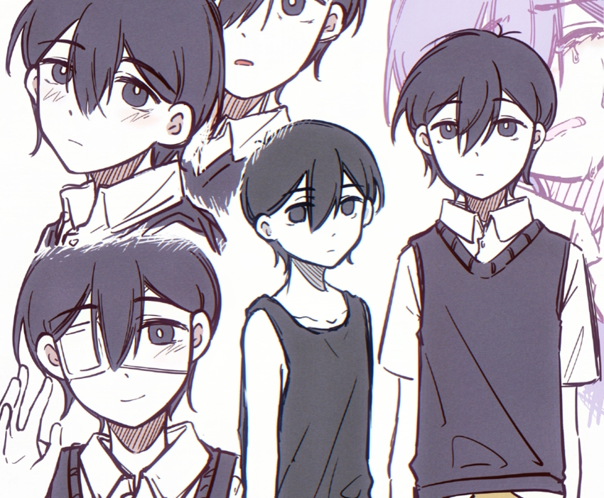 2boys antenna_hair bailan1130 black_eyes black_hair black_sweater_vest black_tank_top blush bright_pupils closed_mouth collared_shirt crying dual_persona expressionless eyepatch highres looking_at_viewer male_focus multiple_boys omori omori_(omori) open_mouth shirt short_hair short_sleeves smile spoilers sunny_(omori) sweater_vest tank_top white_pupils white_shirt