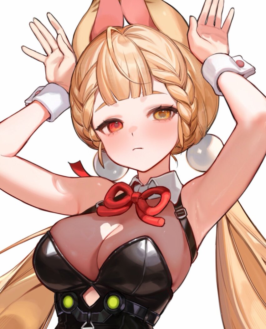 1girl alice_thymefield alternate_costume animal_ears armpits arms_up black_leotard blonde_hair braid braided_twintails breasts closed_mouth clothing_cutout commentary_request detached_collar hair_ornament heart_cutout heterochromia highres large_breasts leotard rabbit_ears rabbit_girl red_eyes simple_background smilesmile1312 solo sphere_hair_ornament strapless strapless_leotard twintails white_background wrist_cuffs yellow_eyes zenless_zone_zero