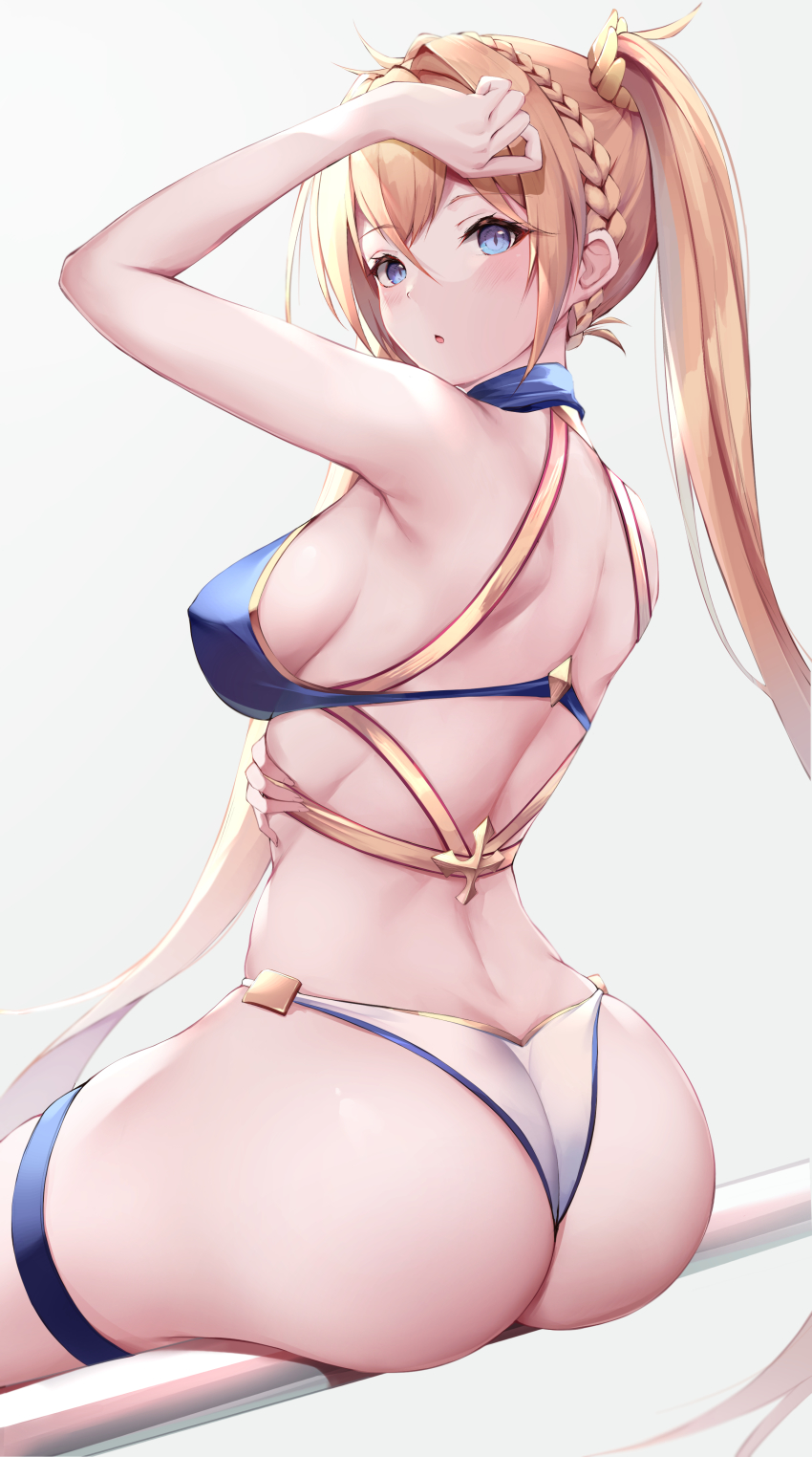 1girl :o absurdres arm_up armpits ass back bare_arms bare_shoulders bikini blonde_hair blue_bikini blue_eyes blush bradamante_(fate) bradamante_(third_ascension)_(fate) braid breasts fate/grand_order fate_(series) from_behind hair_intakes highres kisaki_oni long_hair looking_at_viewer looking_back medium_breasts mismatched_bikini parted_lips sideboob simple_background sitting solo swimsuit thigh_strap twintails very_long_hair white_background white_bikini